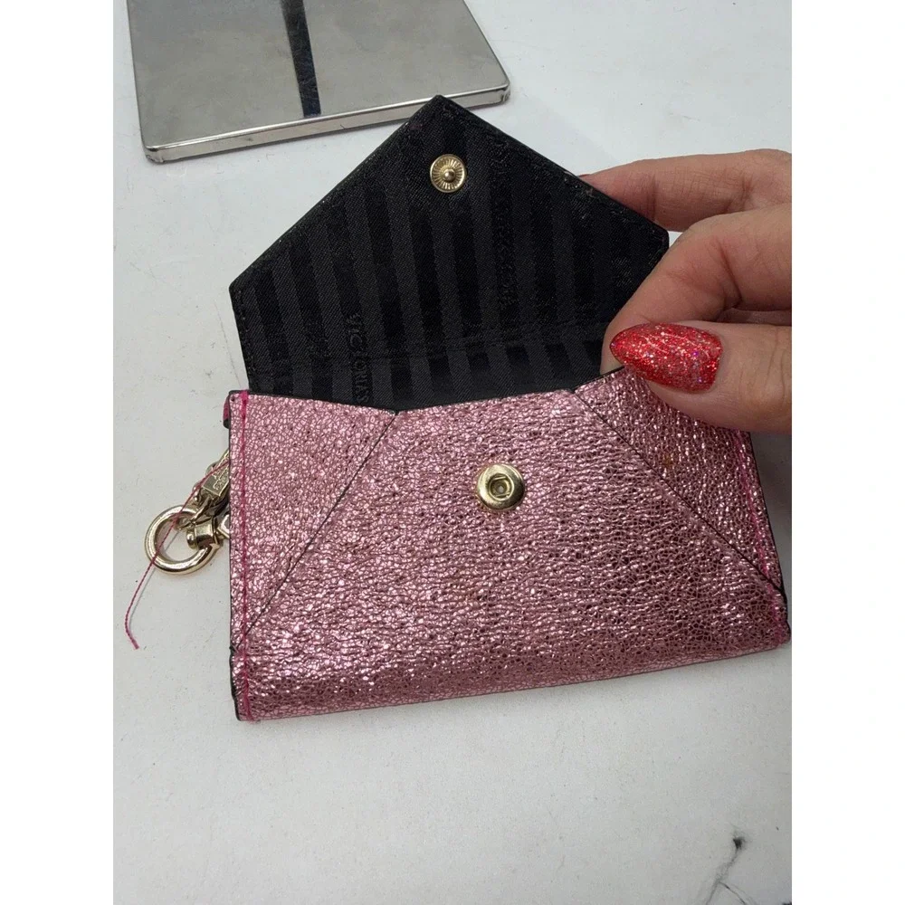 Victorias Secret Pink Glitter Envelope Card Case Red Lips Keychain Wallet
